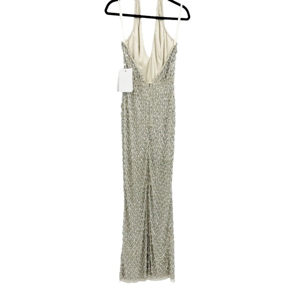 MAC DUGGAL Sequined Crystal Fringe Halter Strap Gown In Silver Size 8 NWT - Picture 9 of 12